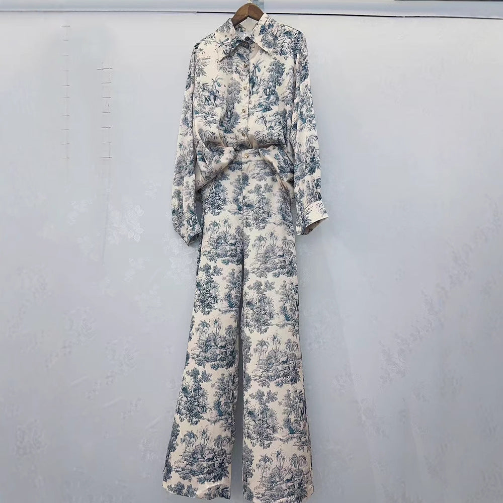 A Women's Retro Geometric Printed Lapel Shirt Two-piece Set + Loose Straight Pants Fashion Set