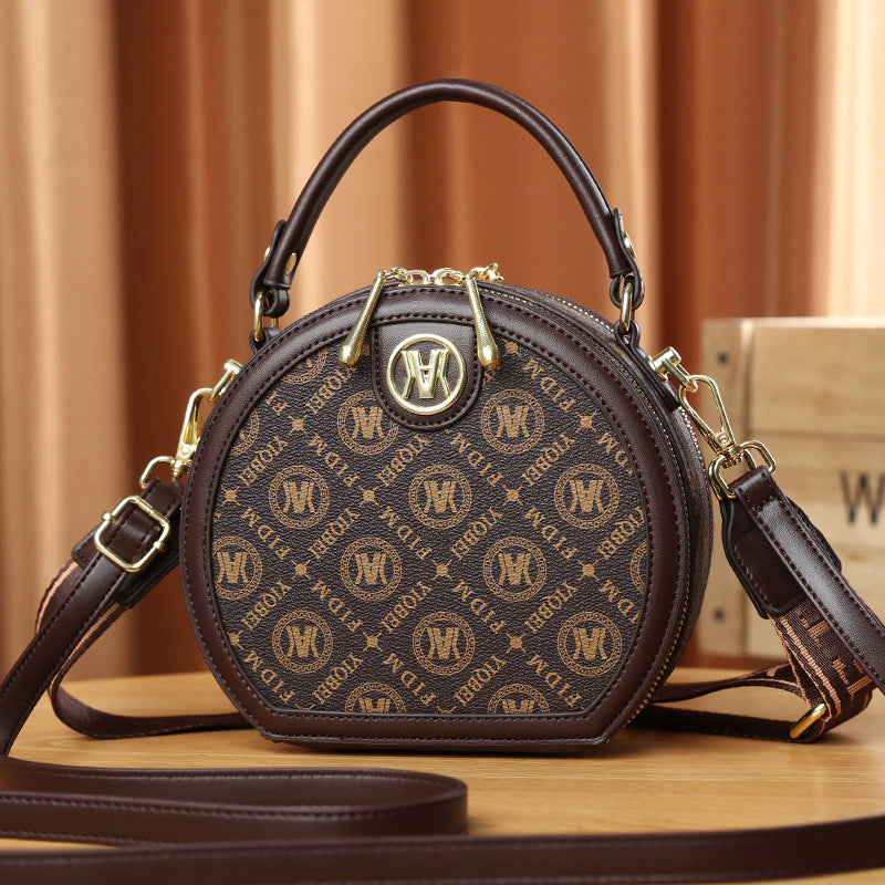 A new women's bag pu printed casual shoulder bag portable round cake bag women's bag - Mixbatch
