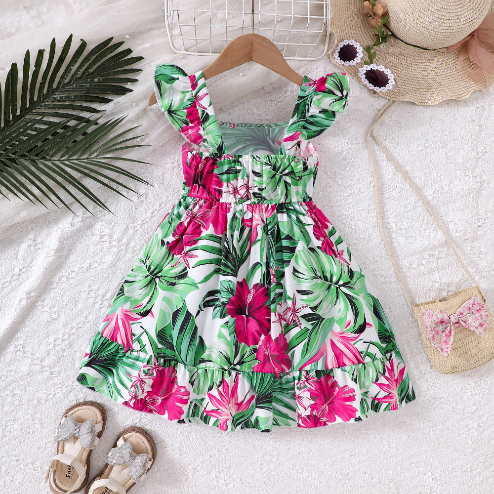 A medium and small children and girls spring and summer new holiday tropical green leaf print dress Q1922-C - Mixbatch