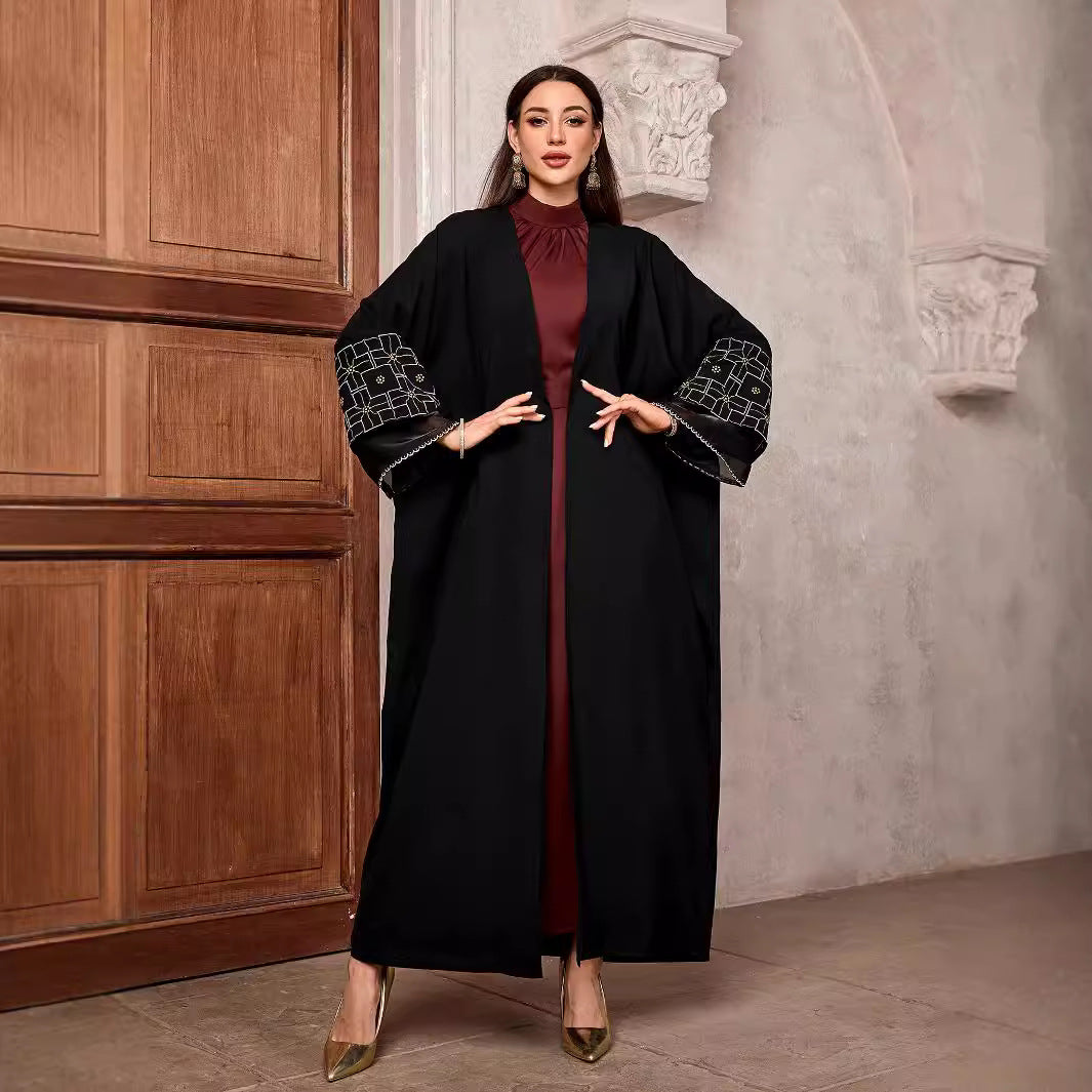 Elegant Middle Eastern Muslim Fashion Cardigan Dubai Arabian Robe Bat Sleeve Gold Thread Embroidery - Mixbatch