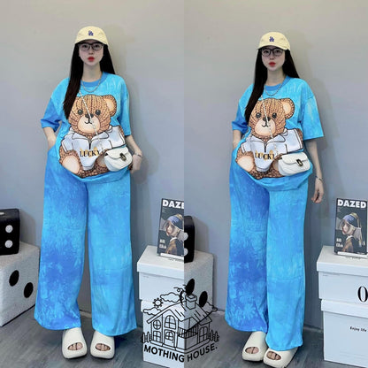 A tie-dye fashion suit women's new loose bear print short-sleeved wide-leg pants foreign style fashionable two-piece set summer
