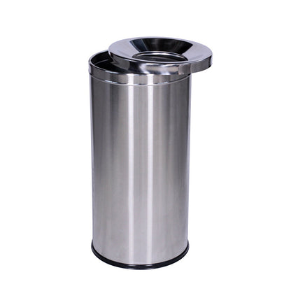A stainless steel trash can