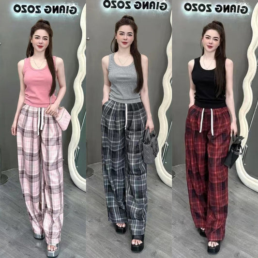 A sports suit women's summer new solid color sleeveless vest top with plaid wide-leg pants casual two-piece trendy