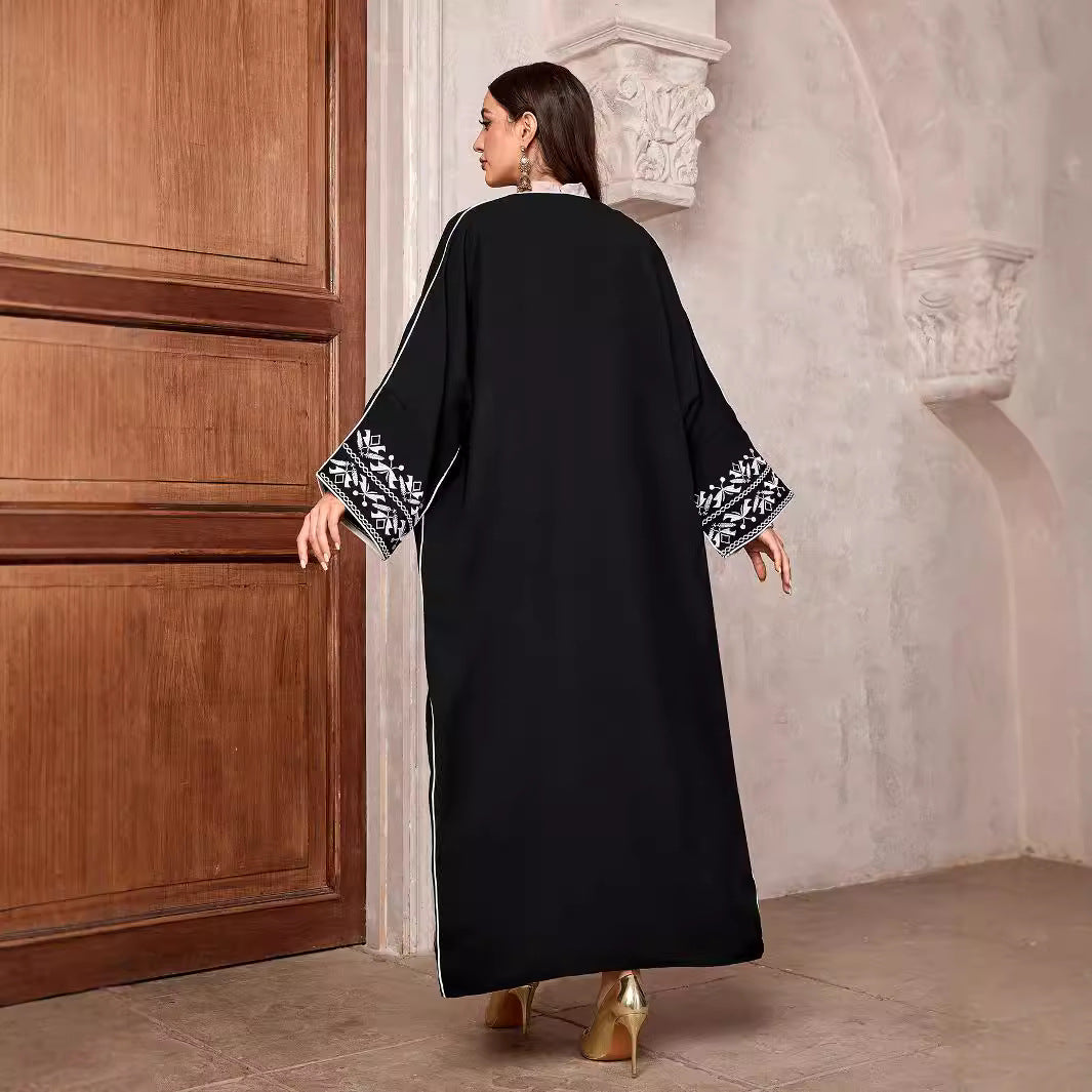 New Embroidered Middle East Muslim Fashion Cardigan Arab Robe Bat Sleeve Embroidered Headscarf Black - Mixbatch