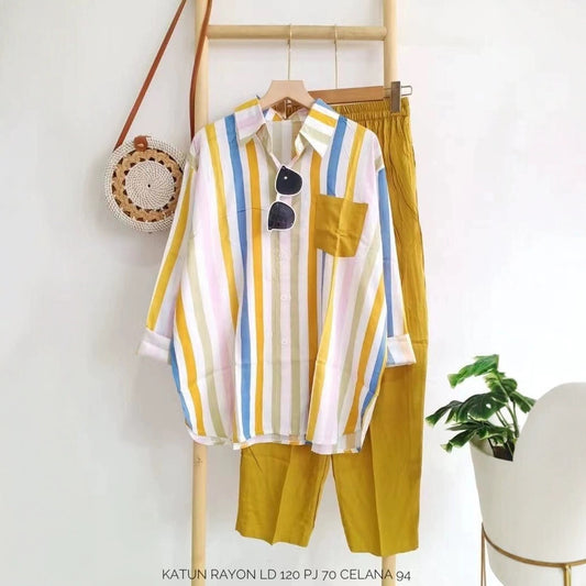 A large size women's clothing summer slightly fat MM fashion loose and thin comfortable casual striped suit