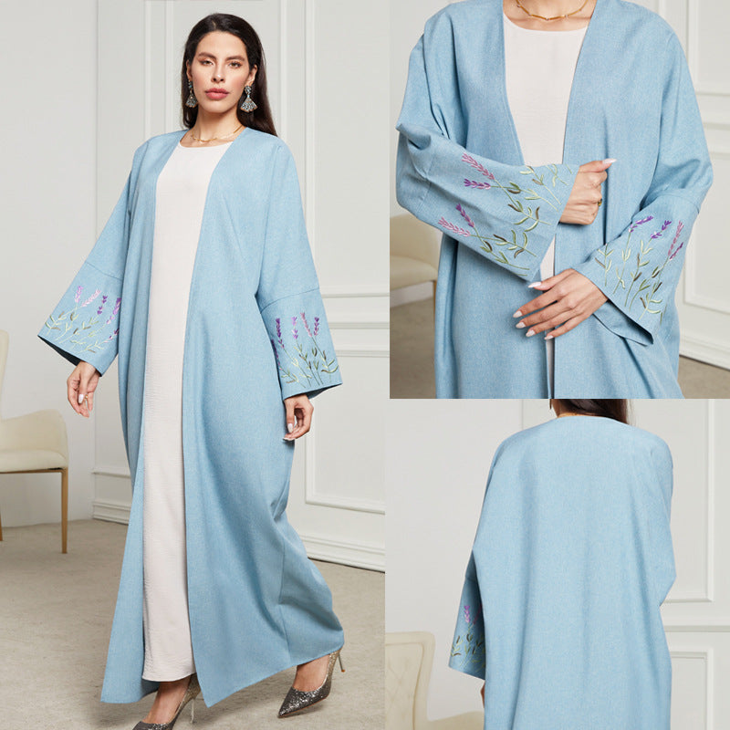 Spring and summer new robe Middle Eastern Muslim fashion embroidery elegant cardigan long skirt bat sleeve dress - Mixbatch