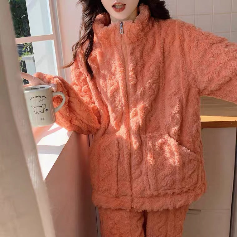 A Coral fleece pajamas winter women's models 2023 new autumn and winter fleece thickened zipper can be worn outside loungewear milk yellow - Mixbatch