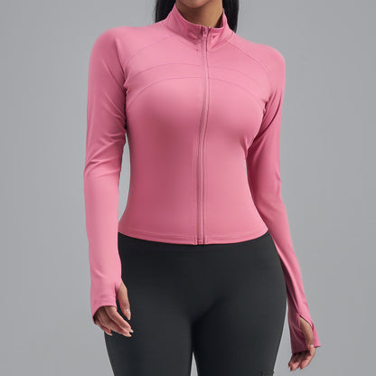 A European and American large size zipper sports jacket elastic tight sports top European size slim and thin yoga clothes women