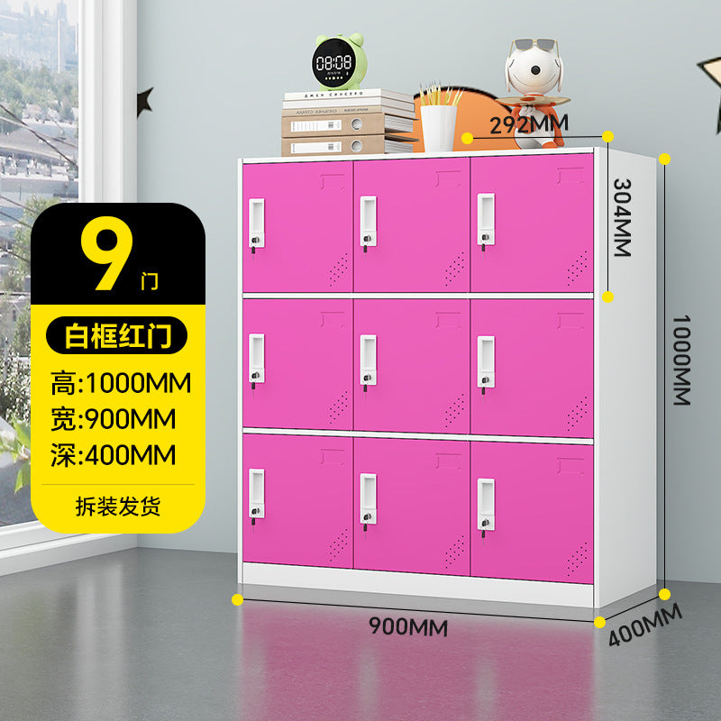 A colorful metal storage locker for school classrooms