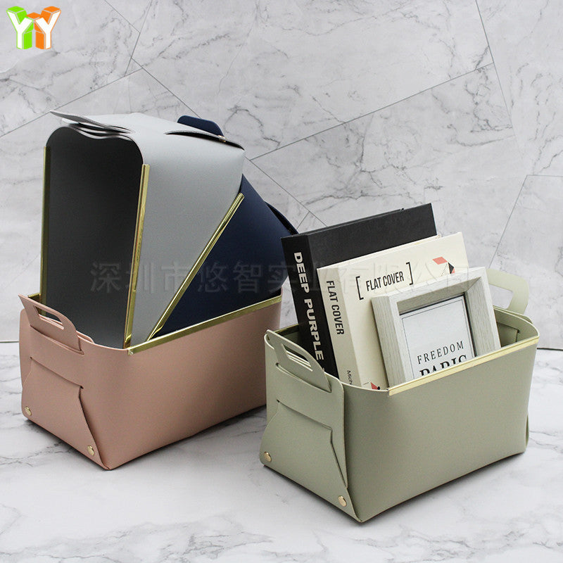A leather sock storage basket
