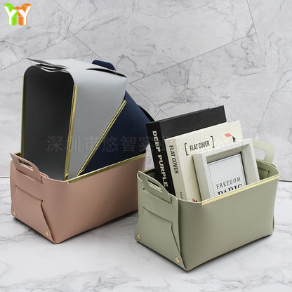 A leather sock storage basket