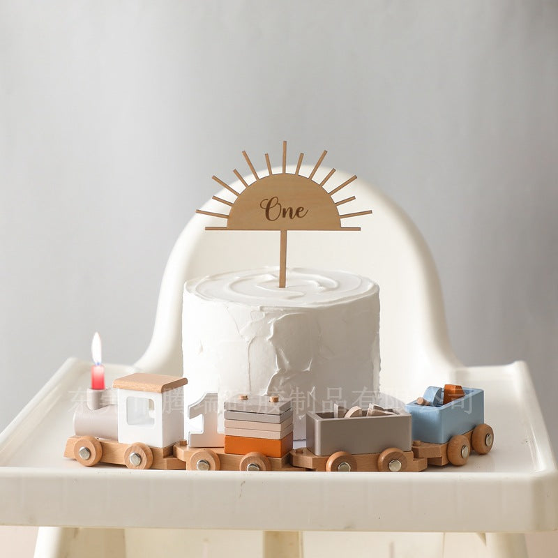 A wooden children's birthday train toy baby birthday milestone toy small train creative birthday photo ornament