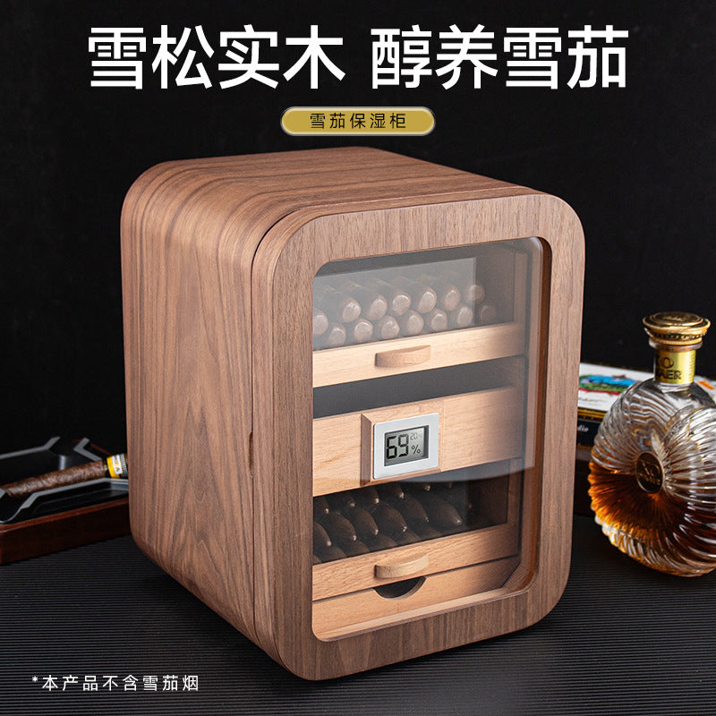 A Cigar Moisturizing Cabinet Cedar Wood Three-layer Large Capacity Perspective Window Black Walnut Wood Grain Cigar Alcoholizing Moisturizing Cabinet