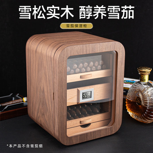 A Cigar Moisturizing Cabinet Cedar Wood Three-layer Large Capacity Perspective Window Black Walnut Wood Grain Cigar Alcoholizing Moisturizing Cabinet