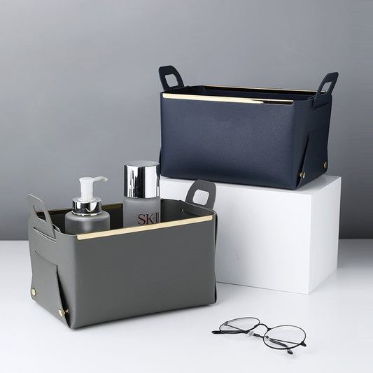 A Nordic desktop PU leather storage basket Foldable Phnom Penh sundries storage basket Stationery storage tray