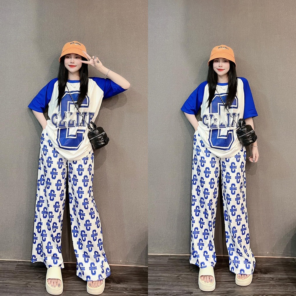 A Thai fashion suit women's summer new loose contrasting color short-sleeved wide-leg pants casual Hong Kong style age reduction two-piece set
