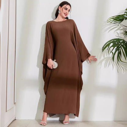 Cross-border new Muslim Middle East Arabic dress straps bat sleeve crew neck fashion elegant dress robe - Mixbatch
