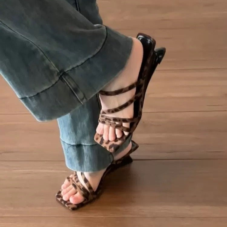 A slope heel leopard print sandals summer wear high heels