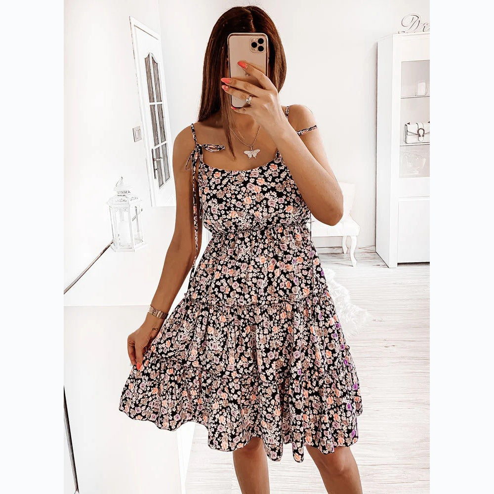 A small floral digital printing fresh and sweet wind suspender dress 8558