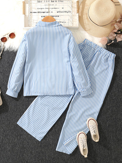 A medium and older children's girls' striped printed lapel neck long-sleeved shirt with white suspender vest and wide-leg trousers three-piece set