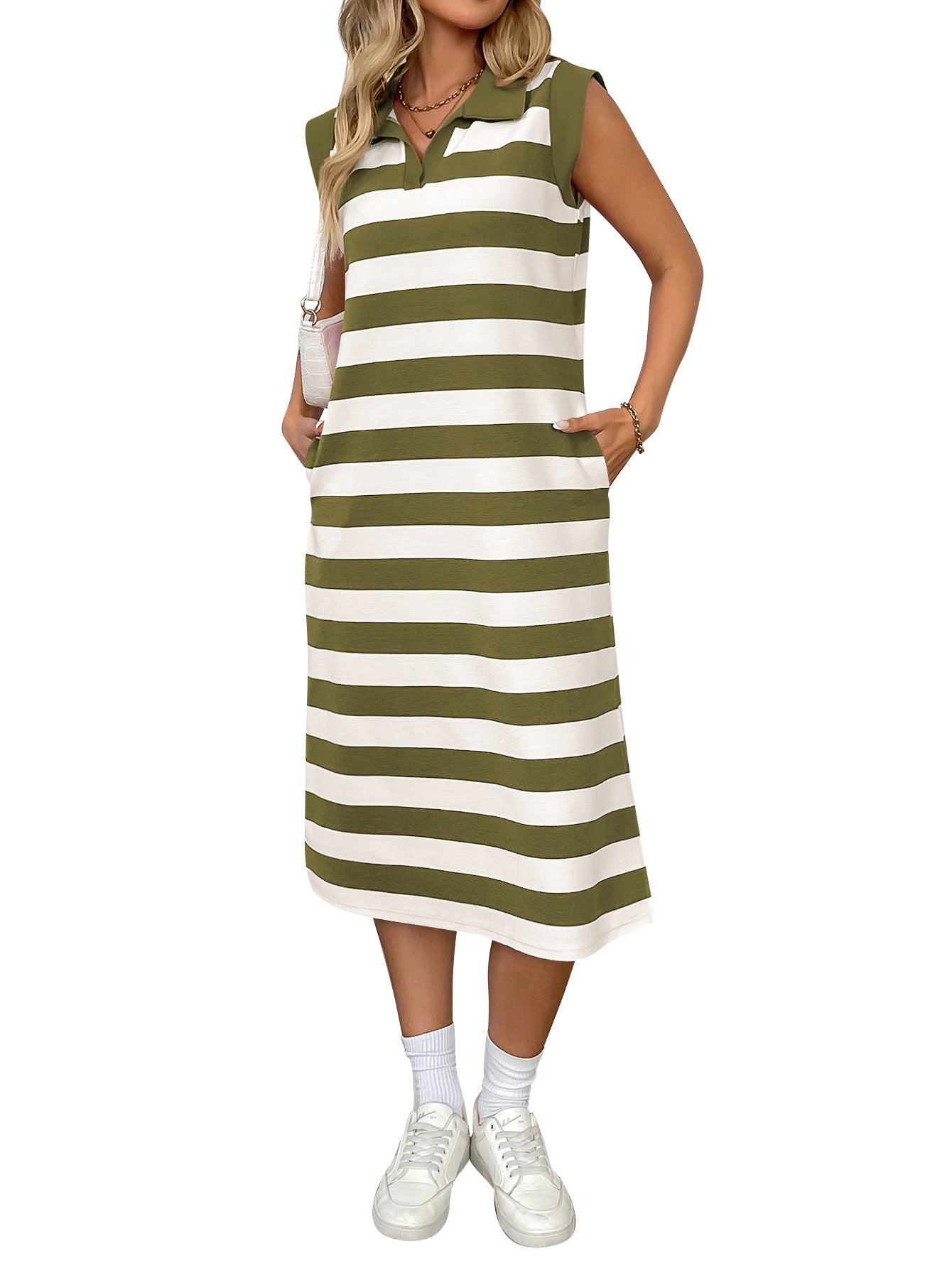 Europe, America cross-border Amazon independent station 2025 summer striped pocket new lapel sleeveless long dress - Mixbatch