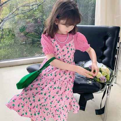 A girls' Korean version of floral small fresh skirt set medium and older children's summer new foreign-style sweet short-sleeved princess skirt tide