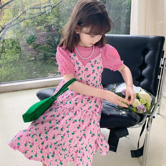 A girls' Korean version of floral small fresh skirt set medium and older children's summer new foreign-style sweet short-sleeved princess skirt tide