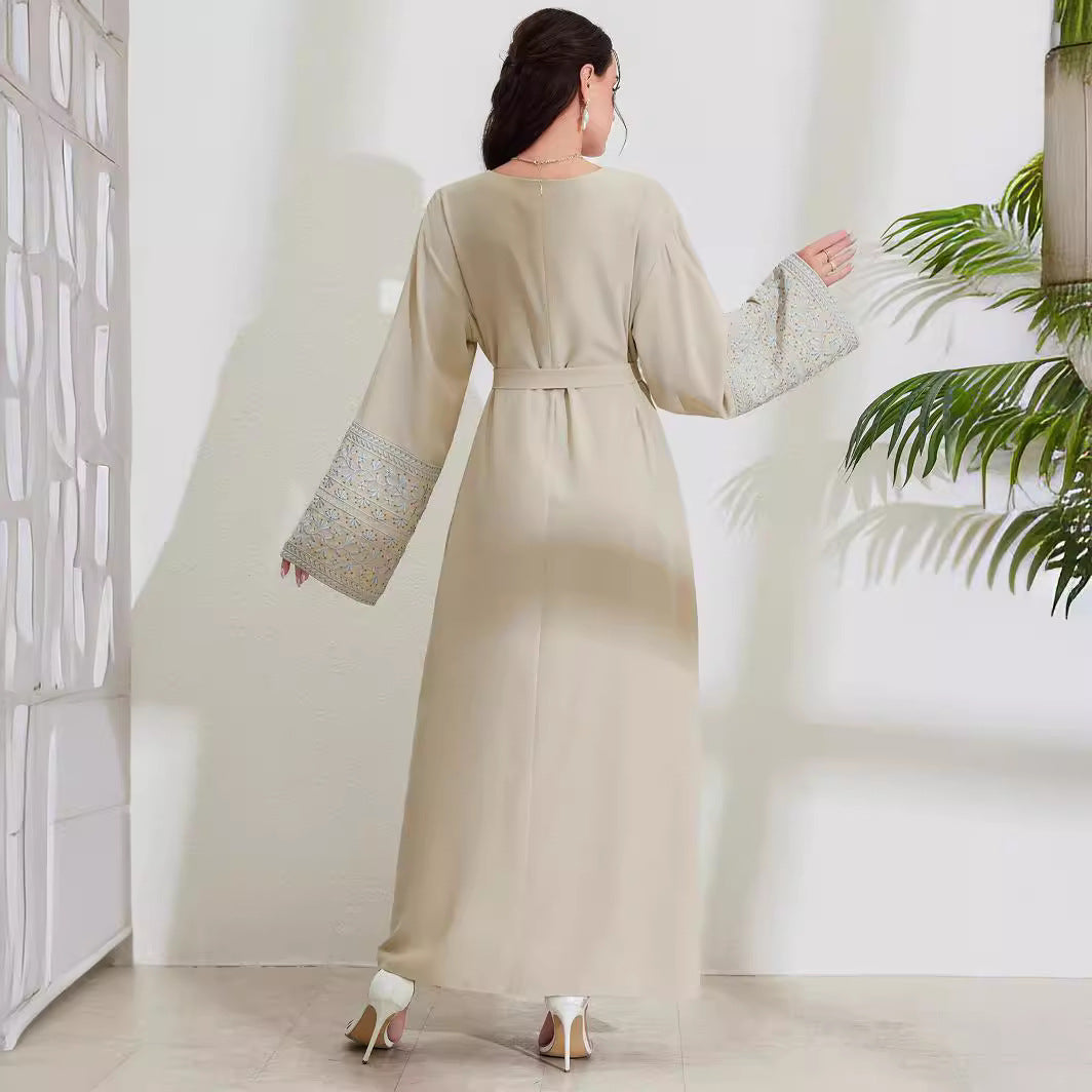 Middle Eastern Muslim Fashion Elegant Cardigan Embroidered Belt Dress Pocket Robe - Mixbatch