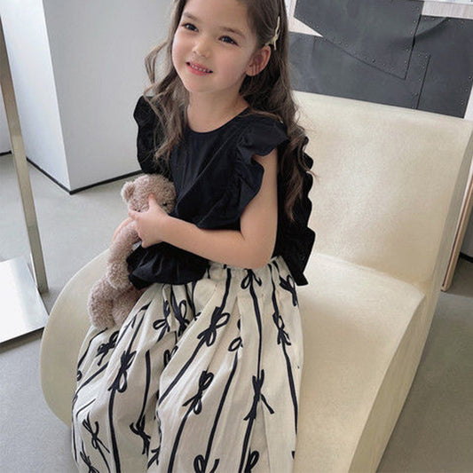 A Korean version of the girl doll shirt summer new sweet retro Hepburn style flying sleeve elegant simple long skirt set