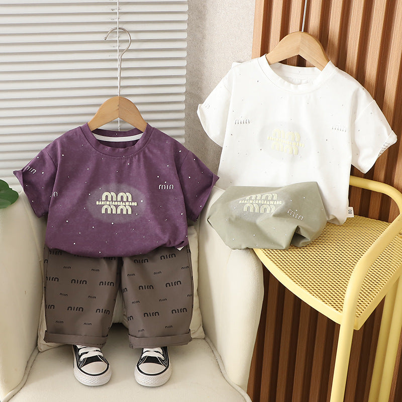 A summer new model 0-4 years old medium and small children boys and girls printed letter short-sleeved two-piece summer t-shirt set