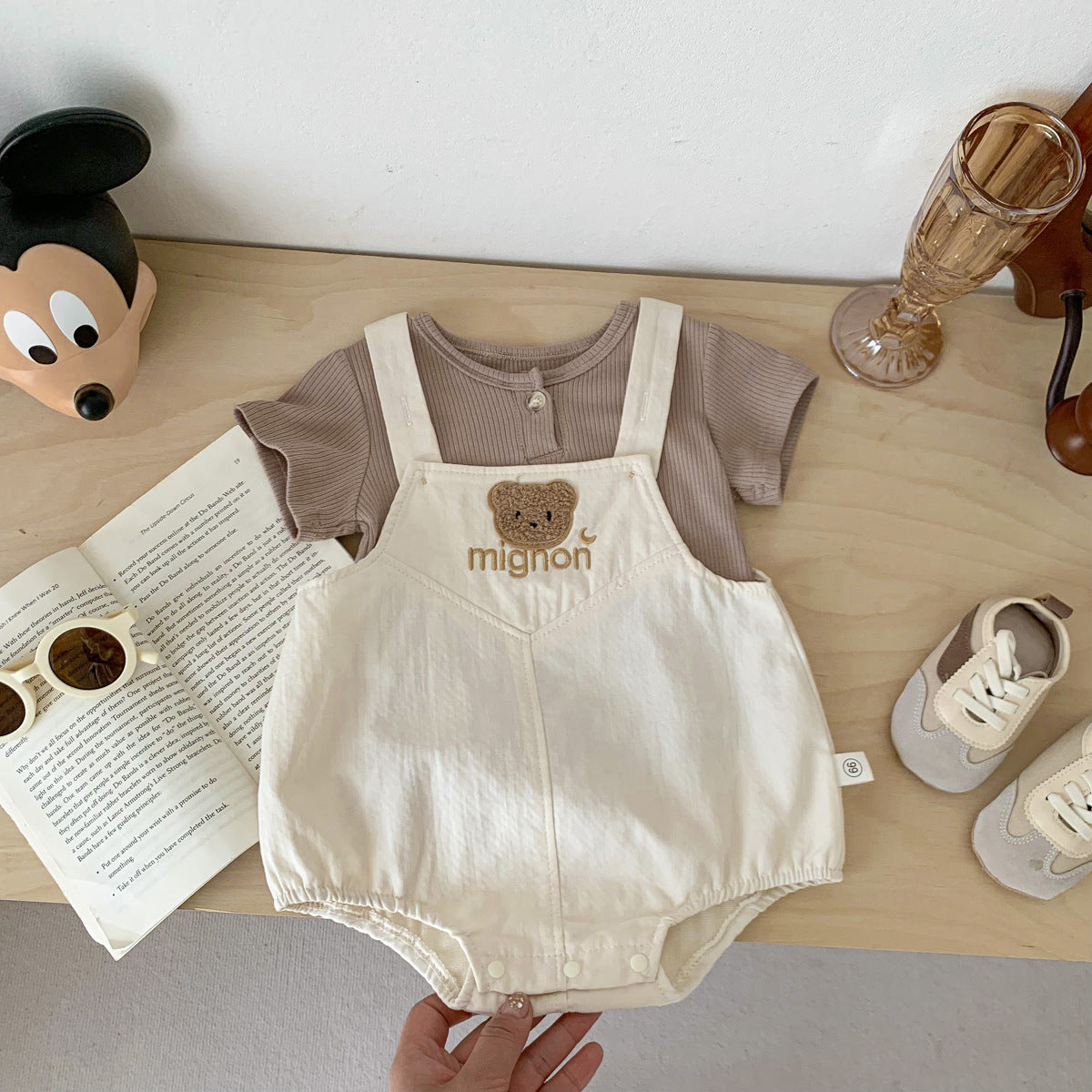 A 2024ins New Baby Bear Sweetheart Backband Pants Set Solid Color Short sleeved T-shirt Fashionable Boys and Girls Children's Clothing - Mixbatch