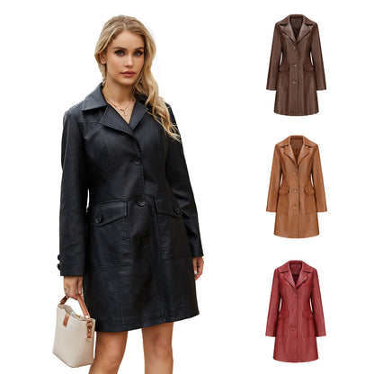 A women's long leather jacket