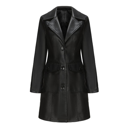 A women's long leather jacket