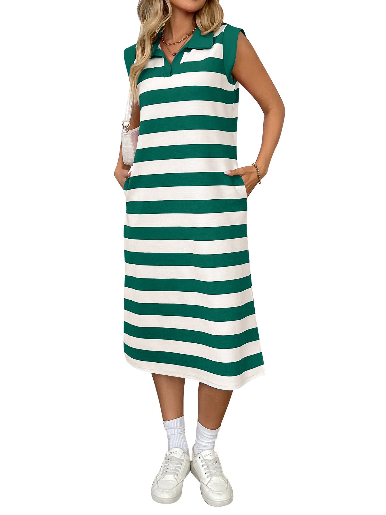 Europe, America cross-border Amazon independent station 2025 summer striped pocket new lapel sleeveless long dress - Mixbatch