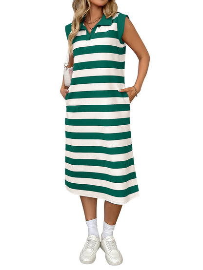 Europe, America cross-border Amazon independent station 2025 summer striped pocket new lapel sleeveless long dress - Mixbatch
