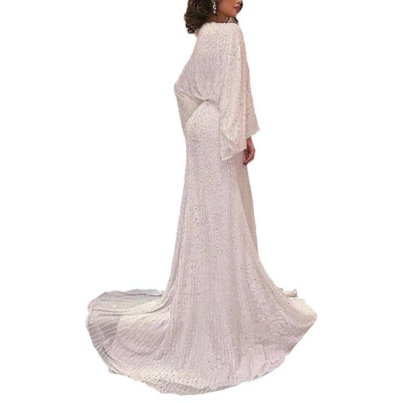 A long-sleeved sequined dress dress fishtail banquet elegant long dress V-neck