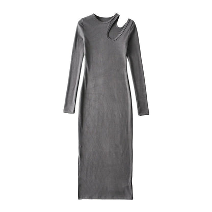 Spring tight sexy hollow off-the-shoulder split-ended long dress women's elastic slim-fit solid-color hip-wrapped dress - Mixbatch