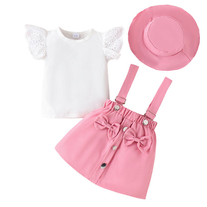 Amazon Spring/Summer New Children's Lace Flying Sleeves Top+Solid Color Strap Short Skirt+Hat Girls' Set - Mixbatch