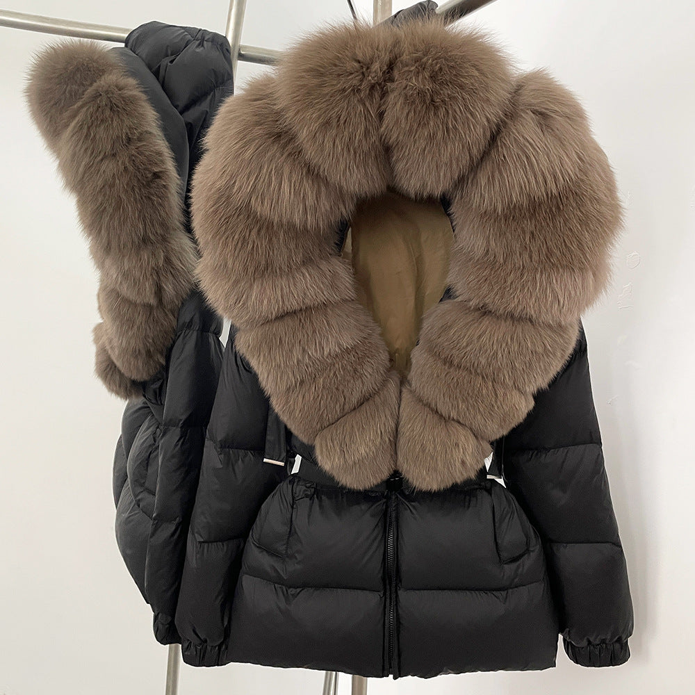 A fur collar hooded white duck down jacket
