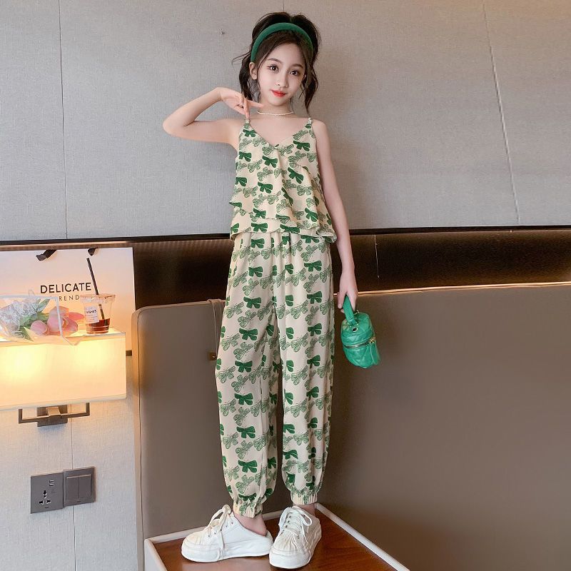 A girls summer suit new girls' older children's foreign style children's sling vest mosquito-proof pants summer two-piece set trendy