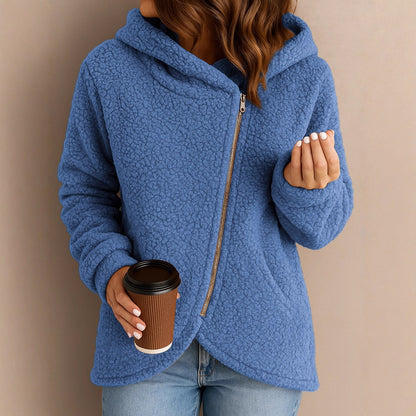 A long-sleeved zip-up hooded jacket