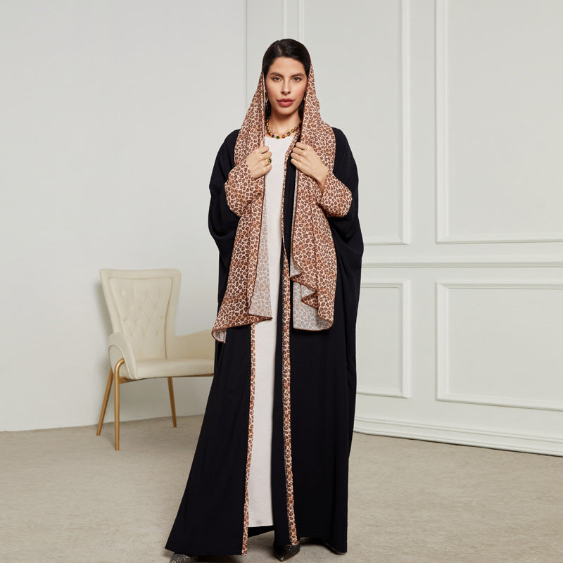 Leopard print headscarf Middle Eastern Muslim clothing long dress fashion elegant cardigan contrasting color dress robe - Mixbatch