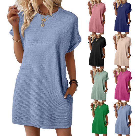 Europe, America, cross-border Amazon independent station 2025 summer new product loose round neck pocket solid color short-sleeved dress women
