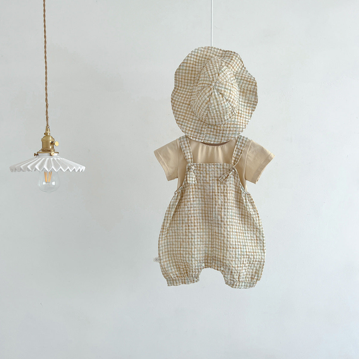 A children&#039;s summer Korean plaid bib suit ins baby boy and girl baby round neck T-shirt two-piece hat - Mixbatch