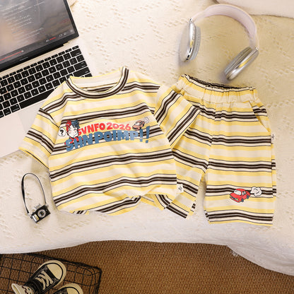 A Children's clothing summer new 0-5 year old children's boys and girls striped letter short-sleeved shorts 2-piece set