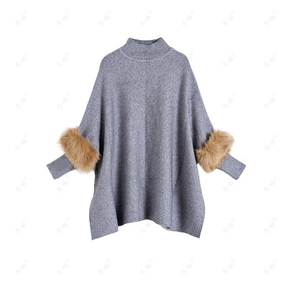 A turtleneck pullover cape knitted sweater simulation fur fur sleeve sweater large size bottoming shirt jacket women