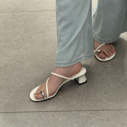 A sandals summer thin strap metal ring high heel toe sandals