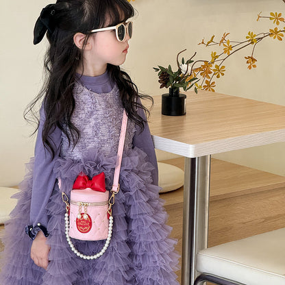 A  children's bag bow bucket bag foreign style girl pearl chain shoulder bag - Mixbatch
