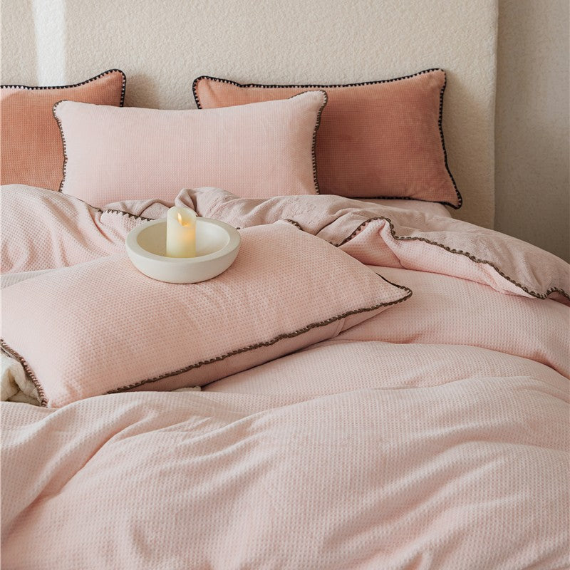 Winter Waffle Carved Flower Cow Milk Plush Thickened Bedding Set of Four Pieces with Double sided Velvet Warmth Quilt Cover and Fitted Bedding 4 1.0kg - Mixbatch