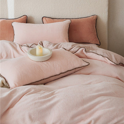 Winter Waffle Carved Flower Cow Milk Plush Thickened Bedding Set of Four Pieces with Double sided Velvet Warmth Quilt Cover and Fitted Bedding 4 1.0kg - Mixbatch